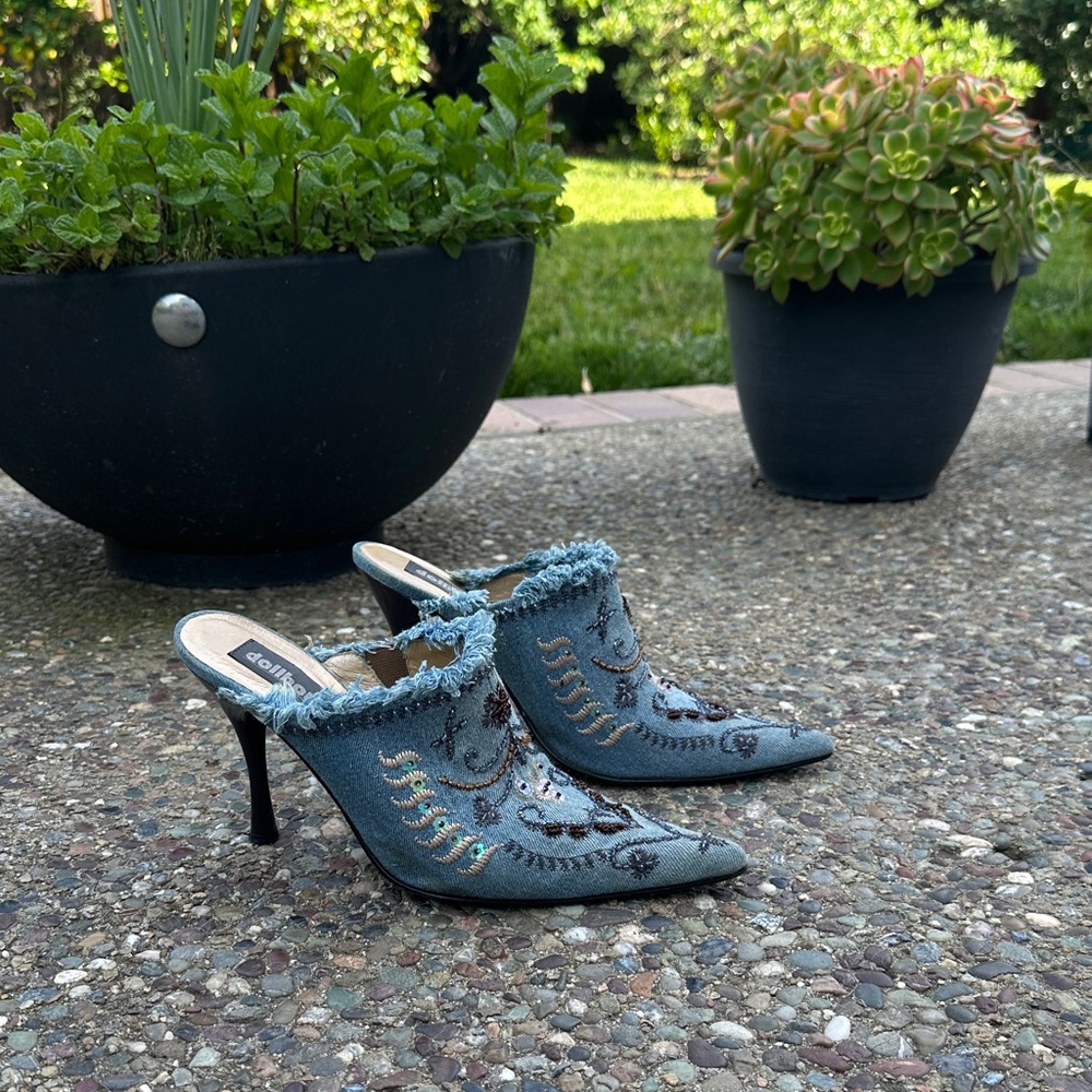 Dollhouse Light Blue Denim Embroidered Pointed Mule Heels
